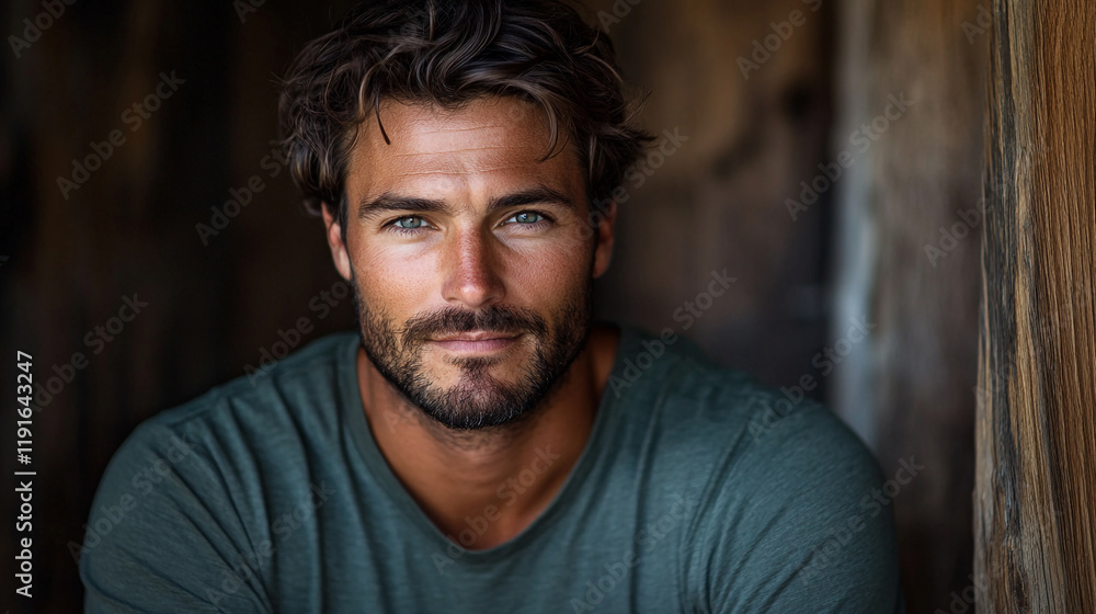 Charismatic young man posing against rustic wooden backdrop in natural light Charismatic young man posing against rustic wooden backdrop in natural light