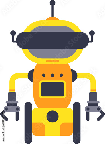 Friendly yellow robot is standing on wheels, with its claws open and an antenna on its head, suggesting advanced technology and playful automation