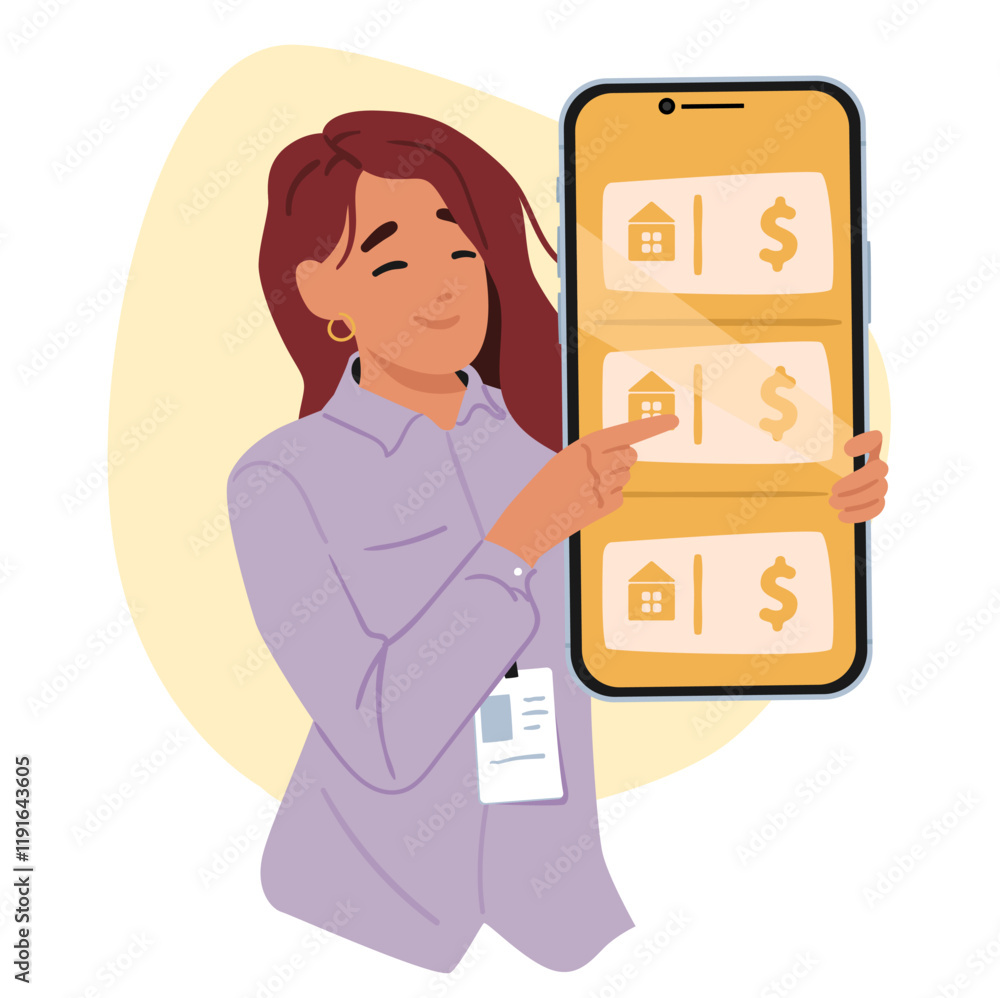 Woman real estate agent showing wide choice of property with different cost on mobile phone screen Woman real estate agent showing wide choice of property with different cost on mobile phone screen