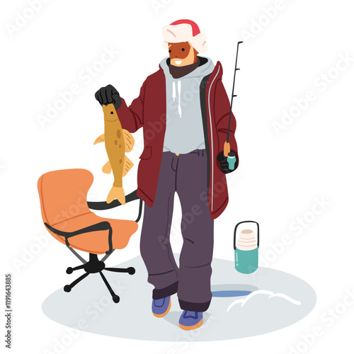 Happy retired senior man cartoon character feeling excited caught huge pike during winter fishing