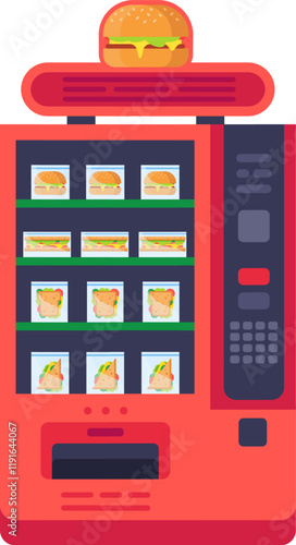 Red vending machine displaying packaged burgers and sandwiches, offering a quick meal or snack option. A cheeseburger sits prominently on top, emphasizing convenience and fast food variety