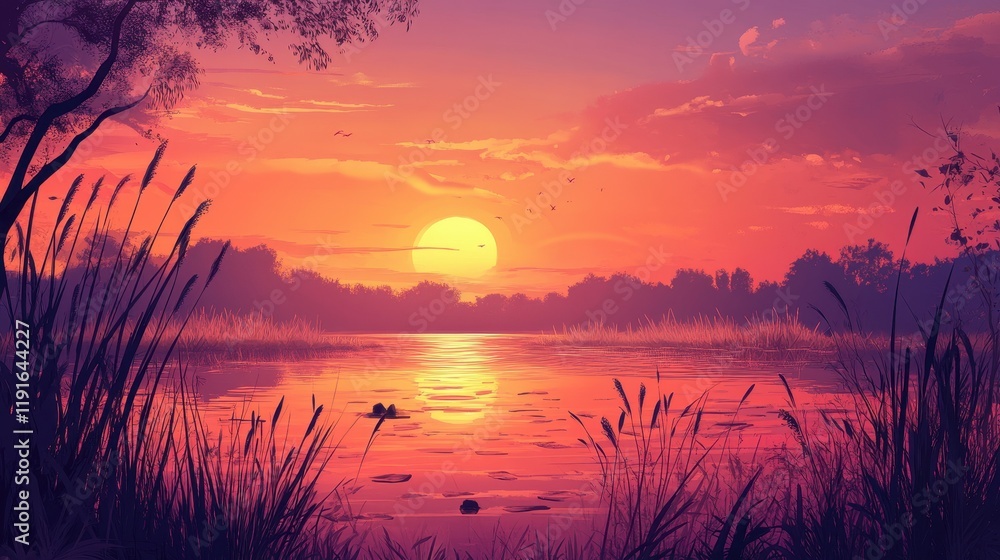 Obraz premium Serene Sunset Over Calm Lake Landscape
