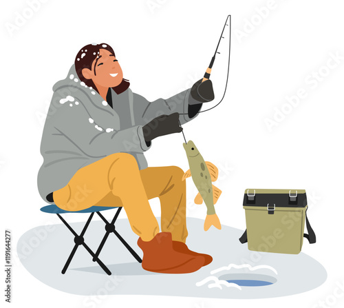 Happy woman fishery cartoon character feeling fun during successful fishing time on winter holidays