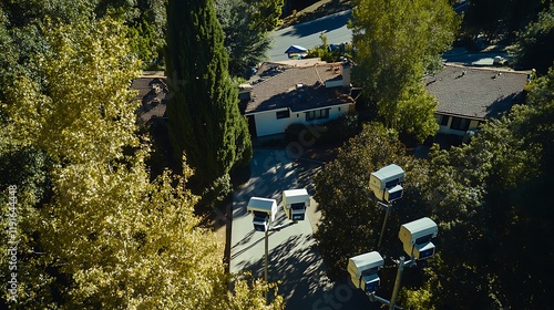 Aerial View of Suburban Homes and Security Cameras