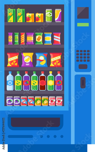 Vending machine featuring a colorful array of snacks and drinks, including soda, juice, water, chips, and chocolate bars, providing convenient options for quick refreshment and snacking