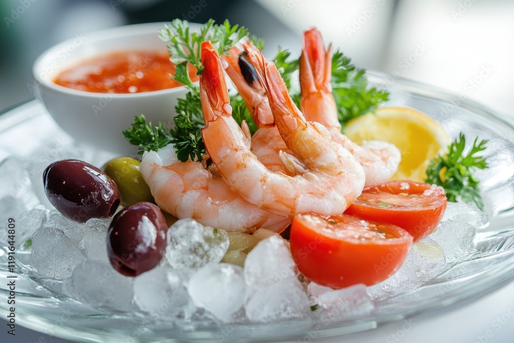 Fresh Shrimp and Vegetables on a Glass Plate with Ice, Served with a White Bowl of Sauce. Fresh Shrimp and Vegetables on a Glass Plate with Ice, Served with a White Bowl of Sauce.
