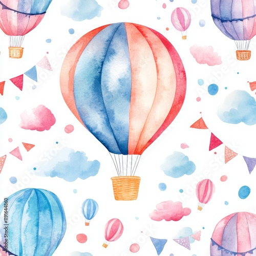 A modern seamless pattern with charming hand-drawn watercolor retro vintage air balloons adorned with flags. Stock illustration. photo