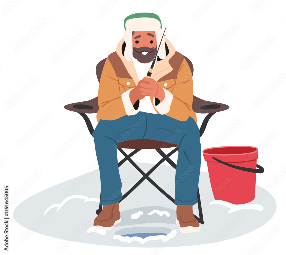 Experienced bearded man fisher cartoon character feeling excited enjoying fish catching process Experienced bearded man fisher cartoon character feeling excited enjoying fish catching process