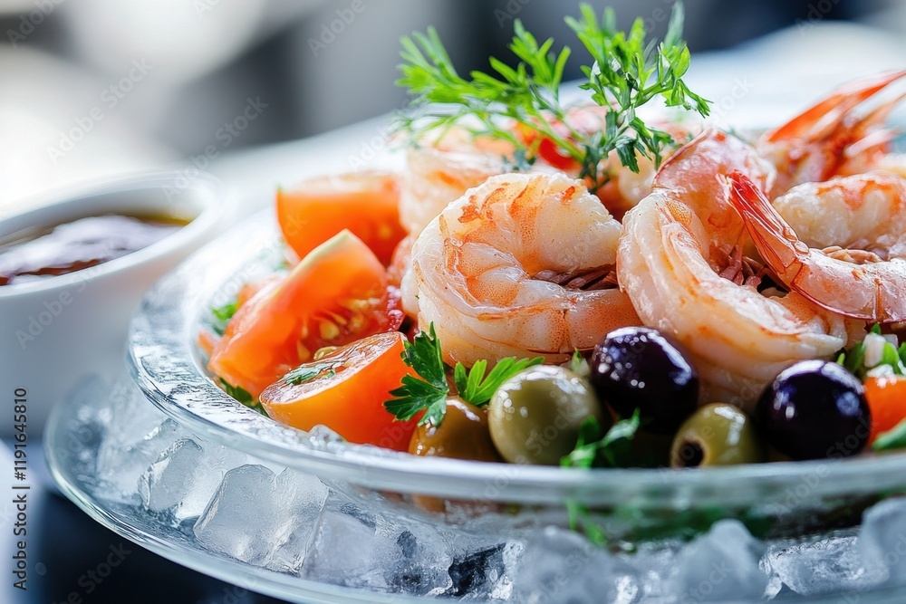 Fresh Shrimp and Vegetables on a Glass Plate with Ice, Served with a White Bowl of Sauce. Fresh Shrimp and Vegetables on a Glass Plate with Ice, Served with a White Bowl of Sauce.