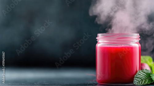 Jar with red liquid and steam in dark setting
