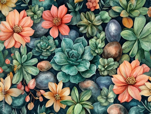 Watercolor Cute Seamless Texture with Succulents, Cactus, Flowers, Stones, and Branches - Tropical Collection Perfect for Backgrounds, Wallpapers, Prints