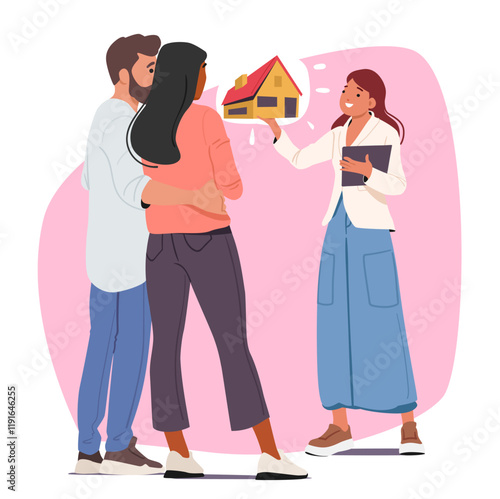 Young family couple talking with woman real estate agent about buying of new home apartment