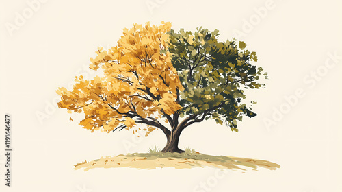 A tree whose leaves turn from gold to green, flourishing in reverse seasons, but its rings inside tell the true, unchangeable tale of its years. Goldenleaf. Illustration photo