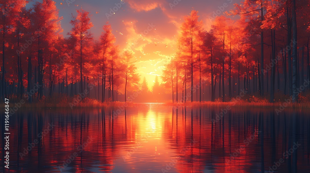 Autumn sunset reflecting on calm lake, fiery trees, peaceful background Autumn sunset reflecting on calm lake, fiery trees, peaceful background