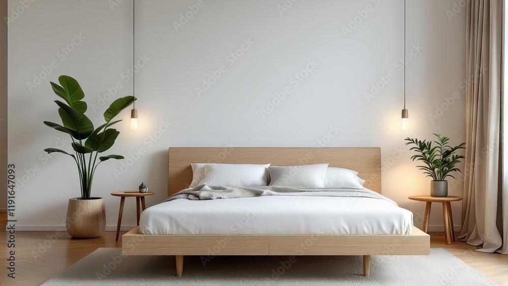 Minimalist bedroom interior with a wooden platform bed, hanging pendant lights, and houseplants Minimalist bedroom interior with a wooden platform bed, hanging pendant lights, and houseplants