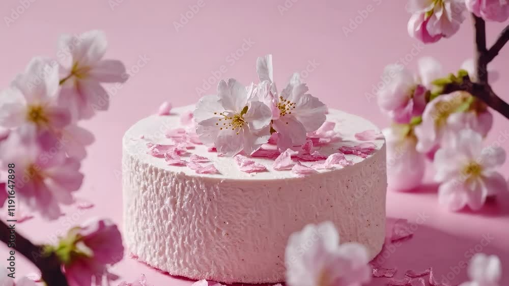 Delicate pink dessert with cherry blossoms on a pastel background evokes spring beauty Delicate pink dessert with cherry blossoms on a pastel background evokes spring beauty