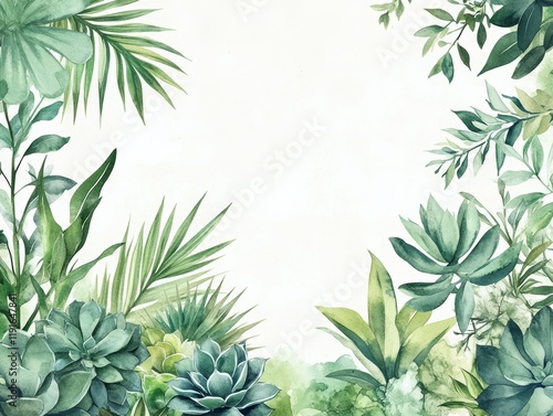 Wallpaper Mural Watercolor Green Illustration - Pre-made Frame Border with Succulent Plants, Palm Leaves, and Branches. Perfect for Wedding, Birthday, and Invitation Cards Torontodigital.ca