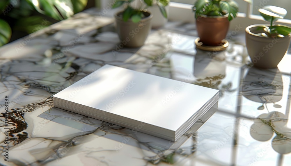 A white book sits on a marble table next to a potted plant A white book sits on a marble table next to a potted plant