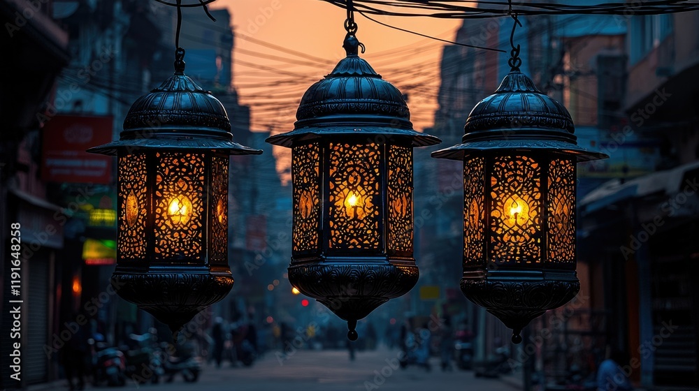 Fototapeta premium Illuminated Ornate Lanterns Hanging Over Busy Street