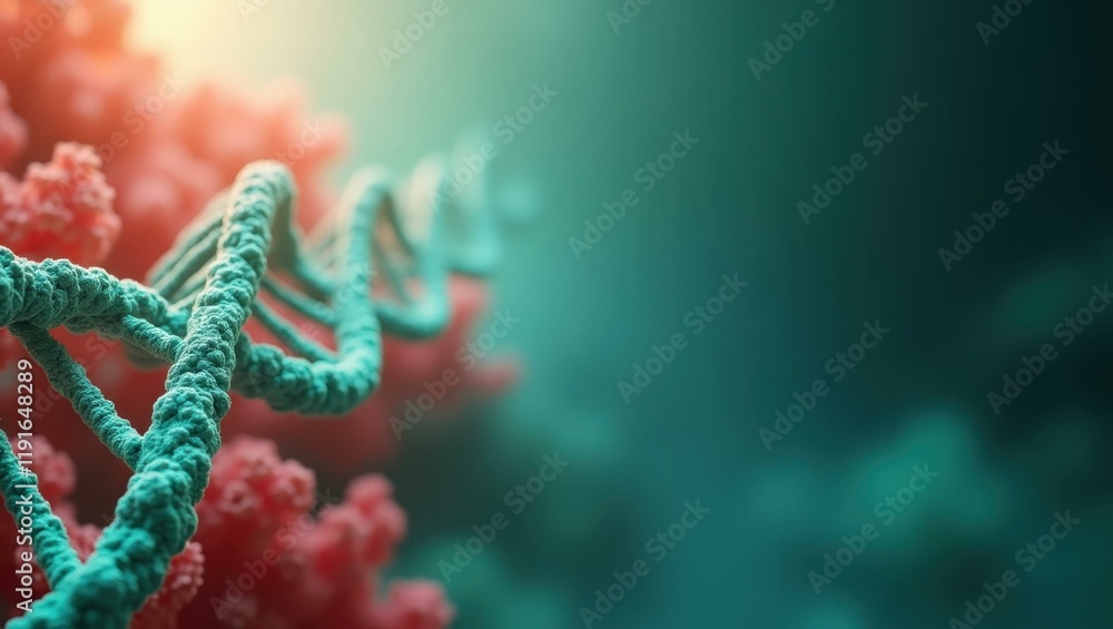Glowing green dna strand on left. Soft orange background. Copy space for text, 3D render AI Generated Designer Element Glowing green dna strand on left. Soft orange background. Copy space for text, 3D render AI Generated Designer Element