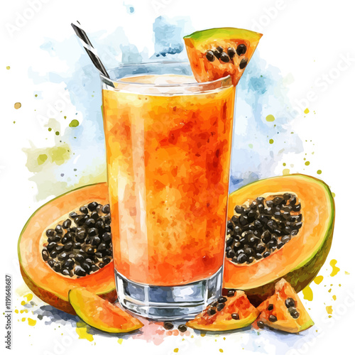 A watercolor illustration of a glass of coconut papaya juice, isolated on a white background. Coconut papaya juice vector.
