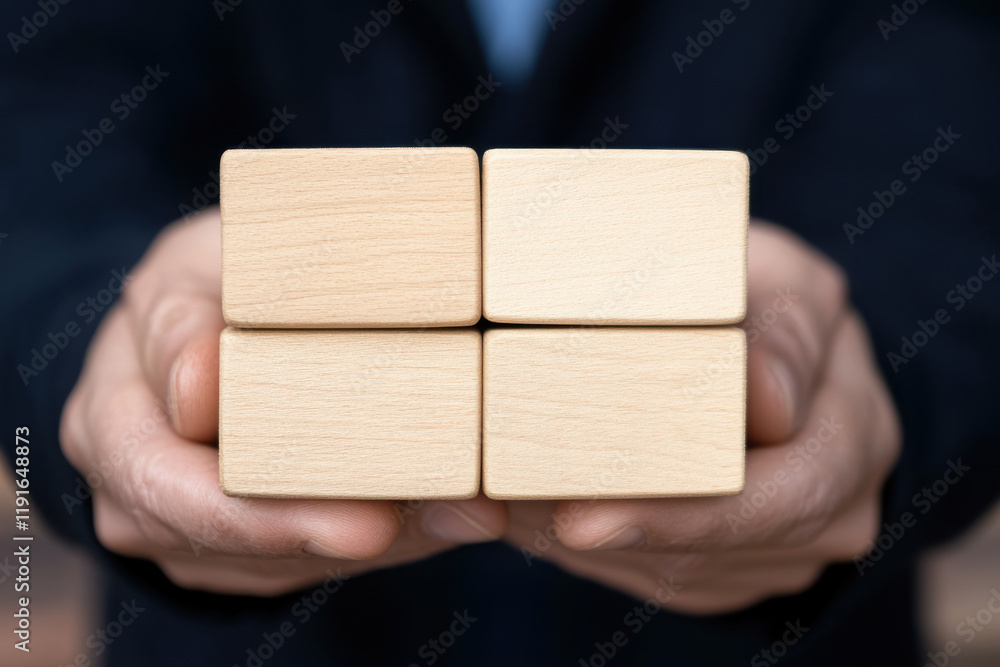 A person is holding four wooden blocks in their hands A person is holding four wooden blocks in their hands