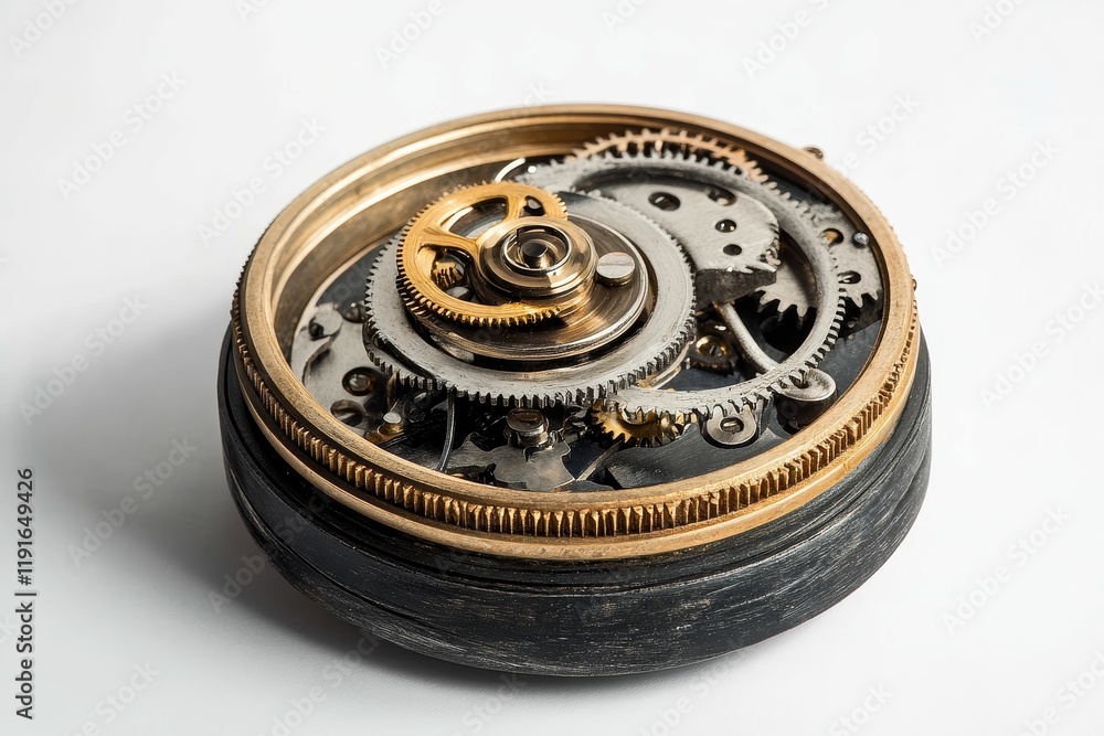 Intricate clockwork mechanism, gold gears, dark casing. Intricate clockwork mechanism, gold gears, dark casing.