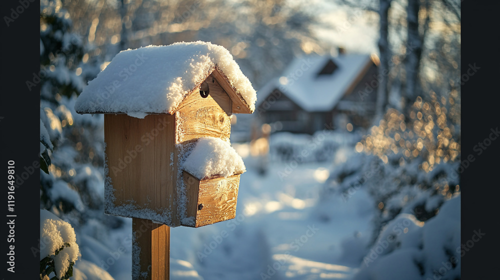 Naklejka premium Winter landscape with snowy birdhouse and distant cabin in a tranquil setting