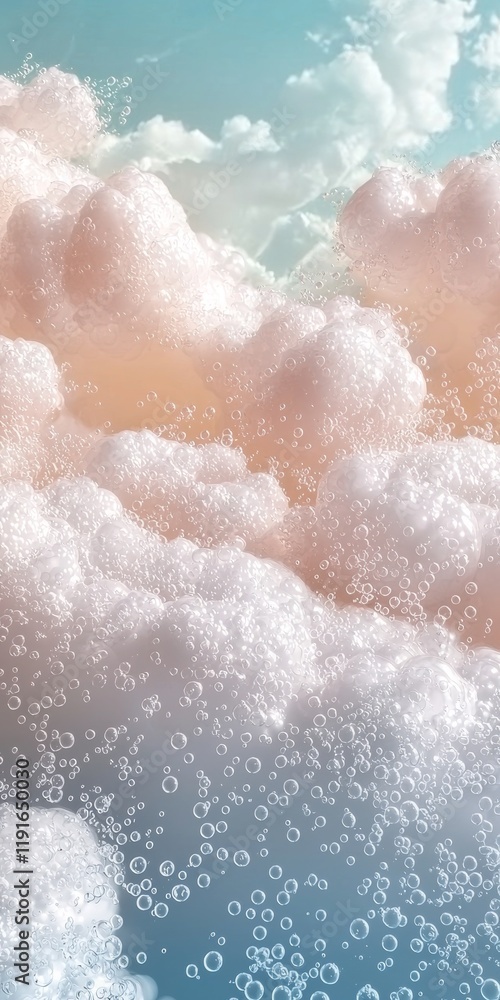 Obraz premium Pink and white foam creating a dreamlike cloudscape with soft bubbles drifting against a serene blue sky backdrop, inviting feelings of relaxation and tranquility