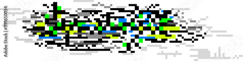 Colorful pixelated glitch art dissolving into a white background, creating an abstract and dynamic visual with a sense of motion and disintegration