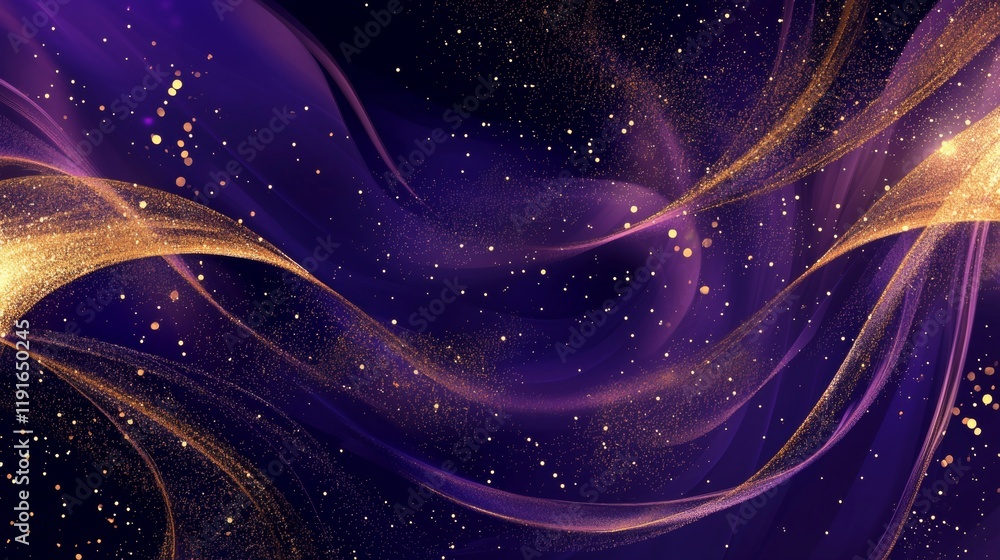 Golden particles and glittering bokeh are flowing on a purple abstract background creating a magical and festive atmosphere, perfect for celebrations, holidays, or any special occasion Golden particles and glittering bokeh are flowing on a purple abstract background creating a magical and festive atmosphere, perfect for celebrations, holidays, or any special occasion