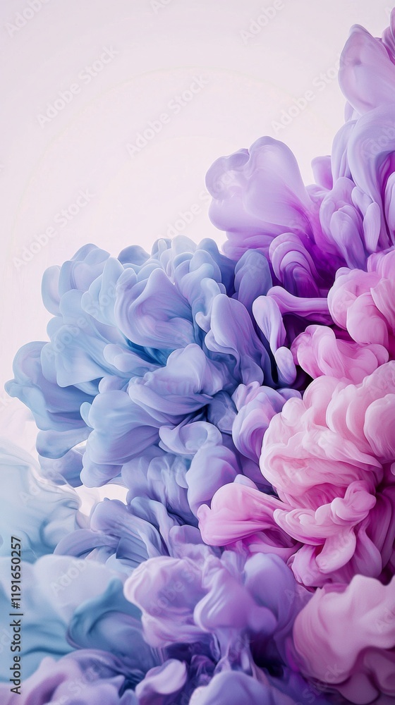 Fototapeta premium Swirling pink, purple, and blue ink clouds create mesmerizing abstract shapes in water, blending and flowing together against a pristine white background