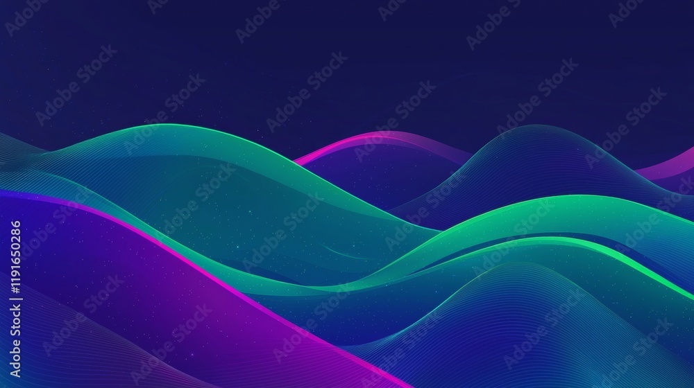 Fototapeta premium Smooth flowing gradient lines creating colorful waves with subtle particles on a dark blue background, perfect for modern and futuristic designs