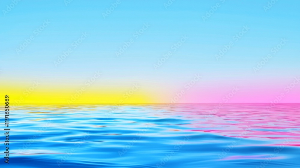 Obraz premium Pink, yellow, and blue hues create a dreamy, surreal landscape where the vibrant sky meets the tranquil ocean, offering a colorful and serene backdrop