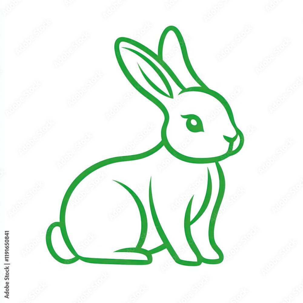 Fototapeta premium Green line art rabbit, sitting, white background, Easter
