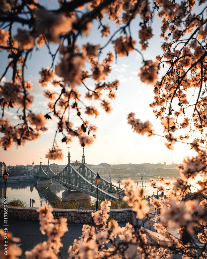 Beautiful Liberty Bridge with almond blossom in Budapest, Hungary