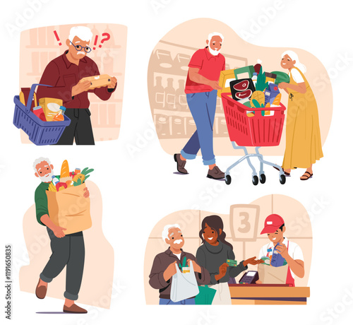 Retired old people cartoon characters in different shopping situation at retail supermarket set