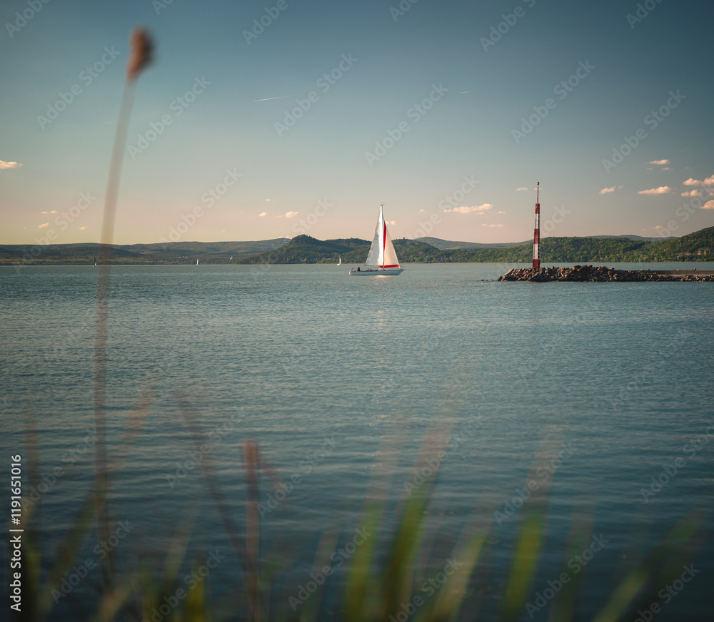 View on lake Balaton in spring with bench