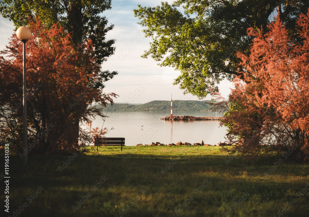 View on lake Balaton in spring with bench