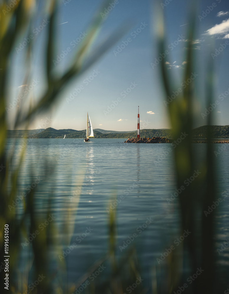 View on lake Balaton in spring with bench