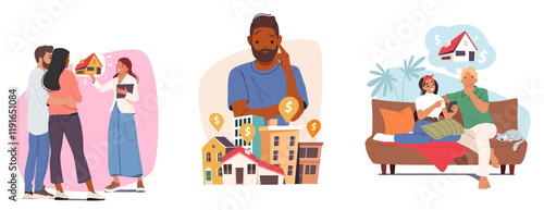 Diverse people characters searching new home, choosing real estate and looking for best condition