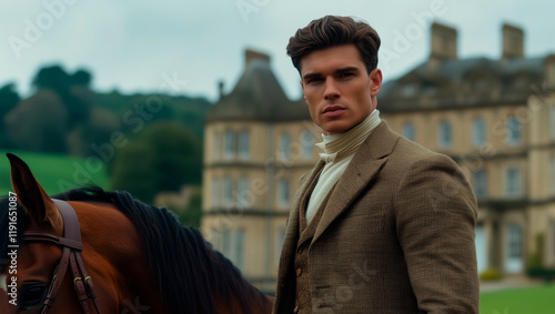 A portrait of an aristocratic man in vintage equestrian garb on his estate. Man wearing a tweed jacket exuding timeless elegance. photo