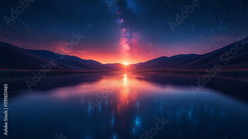 Milky Way sunset over serene mountain lake