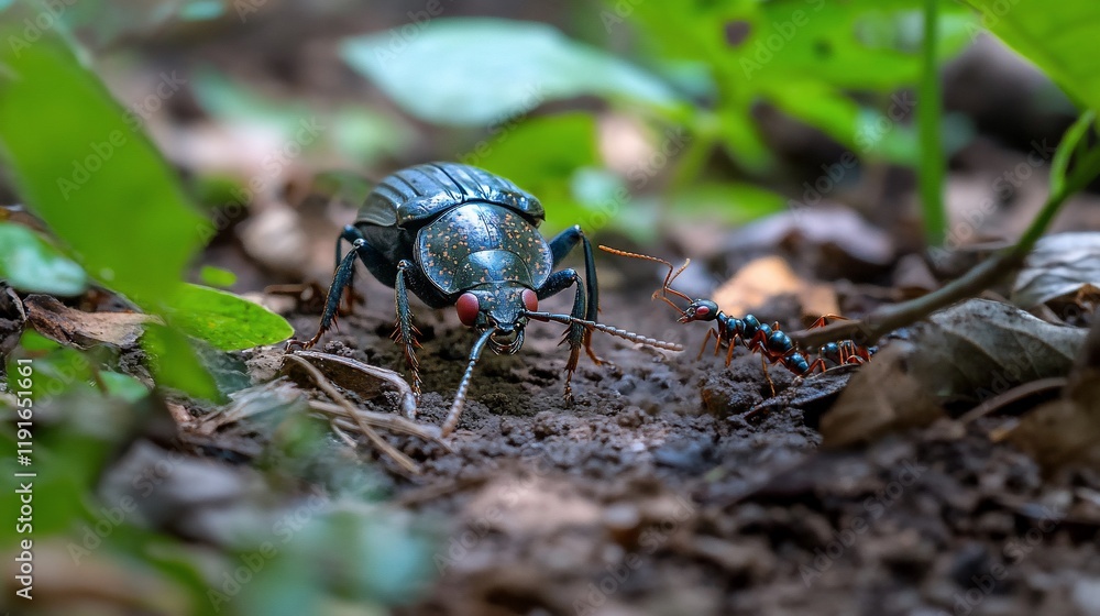 Beetle and ant encounter in forest Beetle and ant encounter in forest