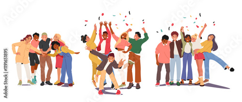 Group of happy teenagers celebrating holiday, partying or clubbing together cartoon scene set