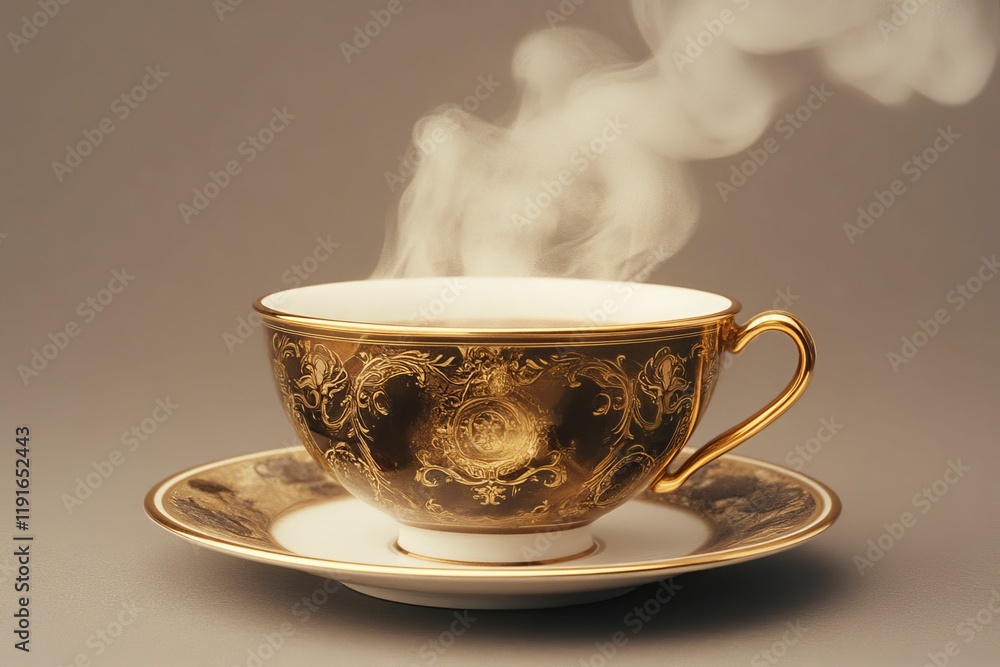 Fototapeta premium Ornate gold teacup, steaming beverage, saucer.