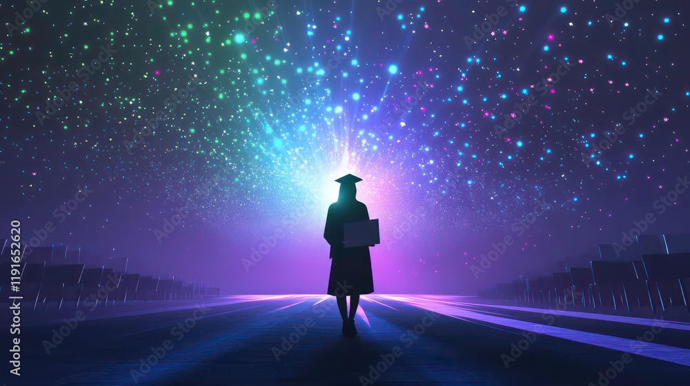 Fototapeta premium Silhouette of graduate walking towards bright, colorful lights and stars.