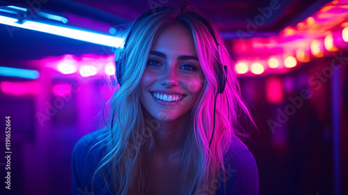 A gorgeous, confident female in a stylish bralet smiles joyfully with headphones on, enjoying music in a vibrant, illuminated studio, surrounded by the energy of a lively evening event, blurred backgr photo