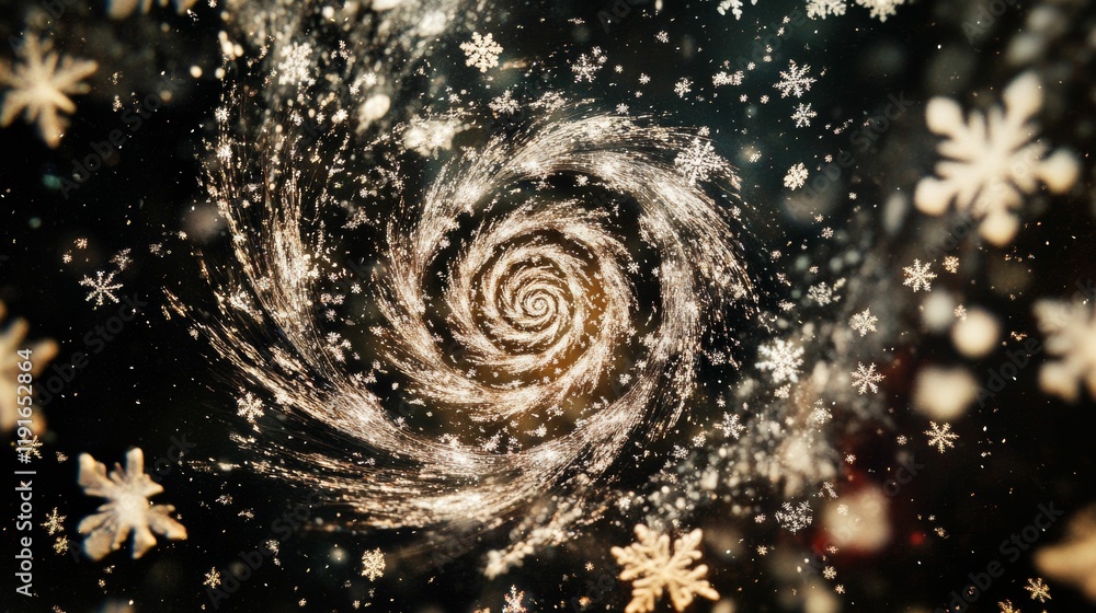 Fototapeta premium Golden spiral, snowflakes, dark background, winter scene.