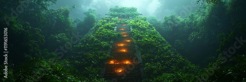 Grand Aztec temple rising from the jungle vines draped over the stone structure glowing with ancient power photo